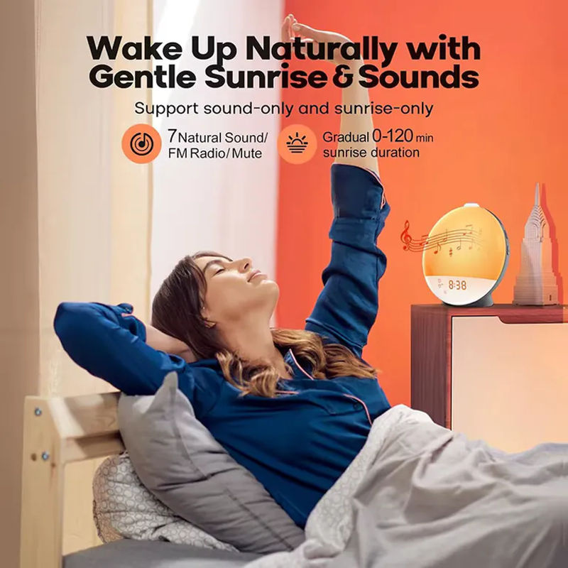 Niditon Wake Up Light Wecker mit Sonnenaufgang und Sonnenuntergang Simulation, Digitaluhr mit Nachtlicht und FM Radio, Weiß - Bild 5