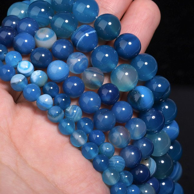 AOHAYOOMQ Perlen Naturstein Blau Streifen Achat, 4-12mm, Rund - Bild 1