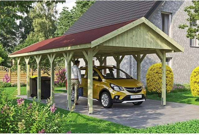SKANHOLZ Carport Wallgau in Grün mit roten Schindeln, B/T: 430 x 900 cm, Firsthöhe: 326 cm, imprägniert - Bild 1