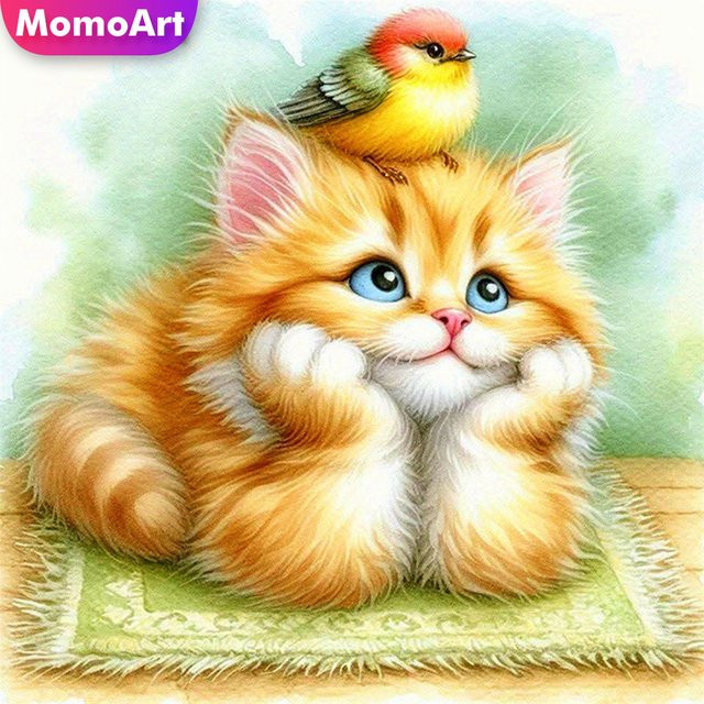 Momoart Diamant-Stickerei Tier-Mosaik mit Katze und Vogel als Rundes Strass-Gemälde in Multicolour, B/B/B: 20 x 20 x 20 cm - Bild 1