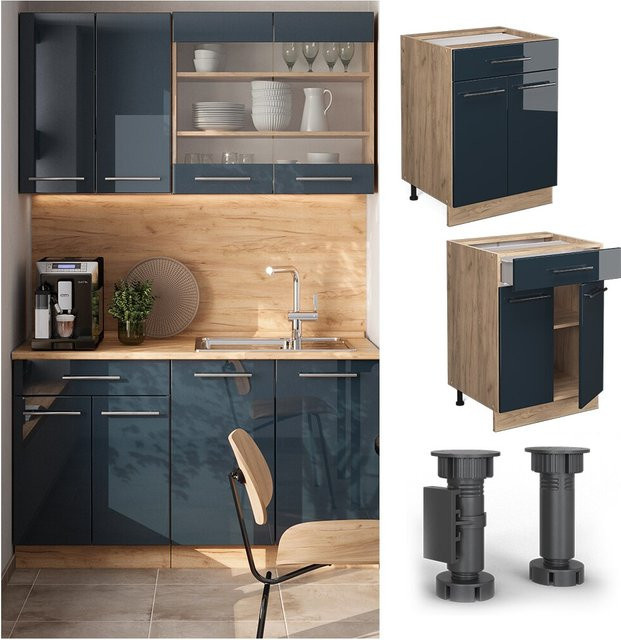 Vicco Küchenunterschrank Fame-Line Schubunterschrank in Dunkelblau Hochglanz und Eiche mit weißer Marmor Arbeitsplatte Breite: 60 cm, Höhe: 82 cm, Tiefe: 51,6 cm - Bild 1