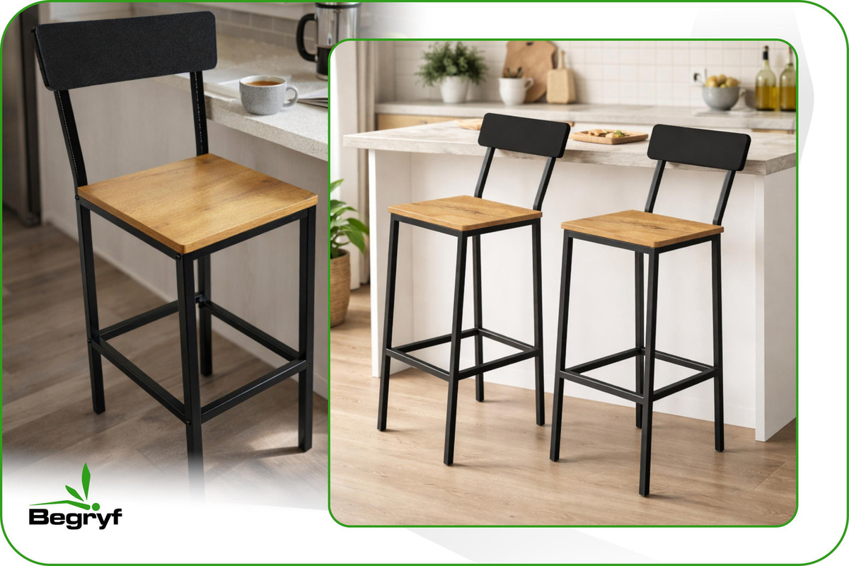 Begryf Barhocker Set aus 2 Stück in Schwarz im industriellen Stil aus Erle und Metall, H x B x T: 90 x 30 x 40 cm - Bild 2