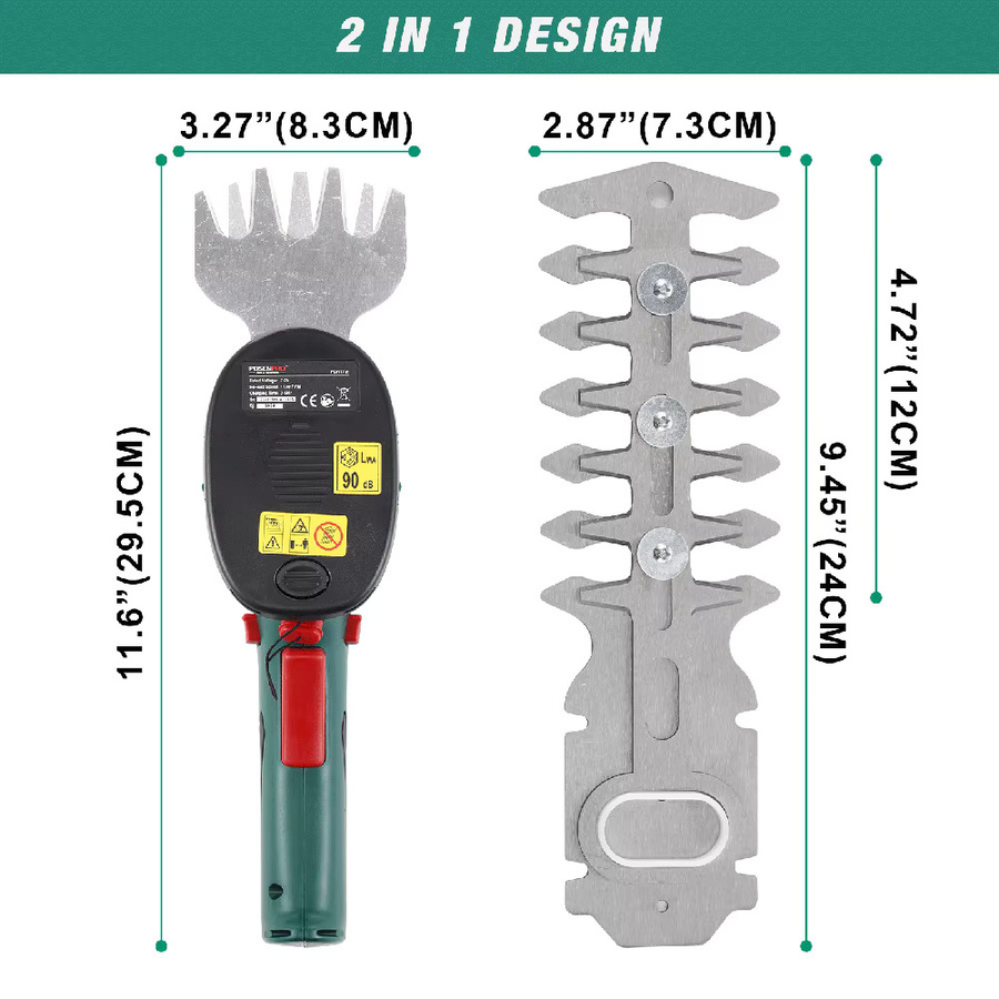 POSENPRO 2-in-1 Kabellose Gras- und Strauchschere mit 7,2V 1,5Ah Li-Ionen-Akku und zwei Klingen in Grün - Bild 2