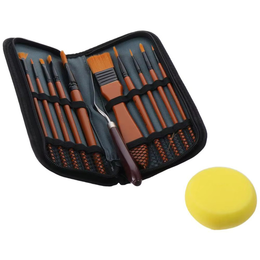 15-teiliges Pinselset mit Farbspatel und Pinseletui für Acryl, Gouache und Öl in Weiß und Braun - Bild 3