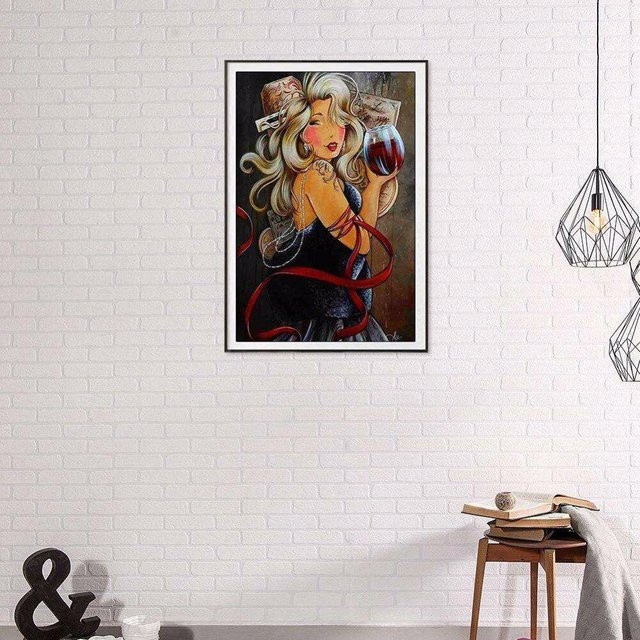 FIYO 5D Diamant-Stickerei Set Motiv Fette Dame beim Wein trinken, B/H: 20 x 30 cm, Schwarz/Mehrfarbig - Bild 1