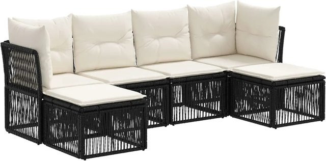 vidaXL Gartensofa-Set 6-teilig aus Poly-Rattan in Schwarz mit Polstern und Ottoman in L-Form - Bild 1