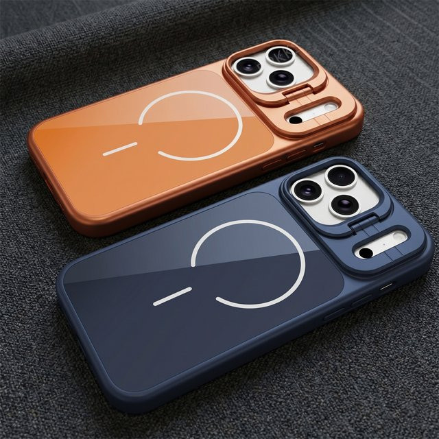 MagSafe Magnetische Kameraschutz-Handyhülle mit Ständer für iPhone 17 16 15 14 13 Pro Max in Orange mit stoßfester Glasrückseite - Bild 1