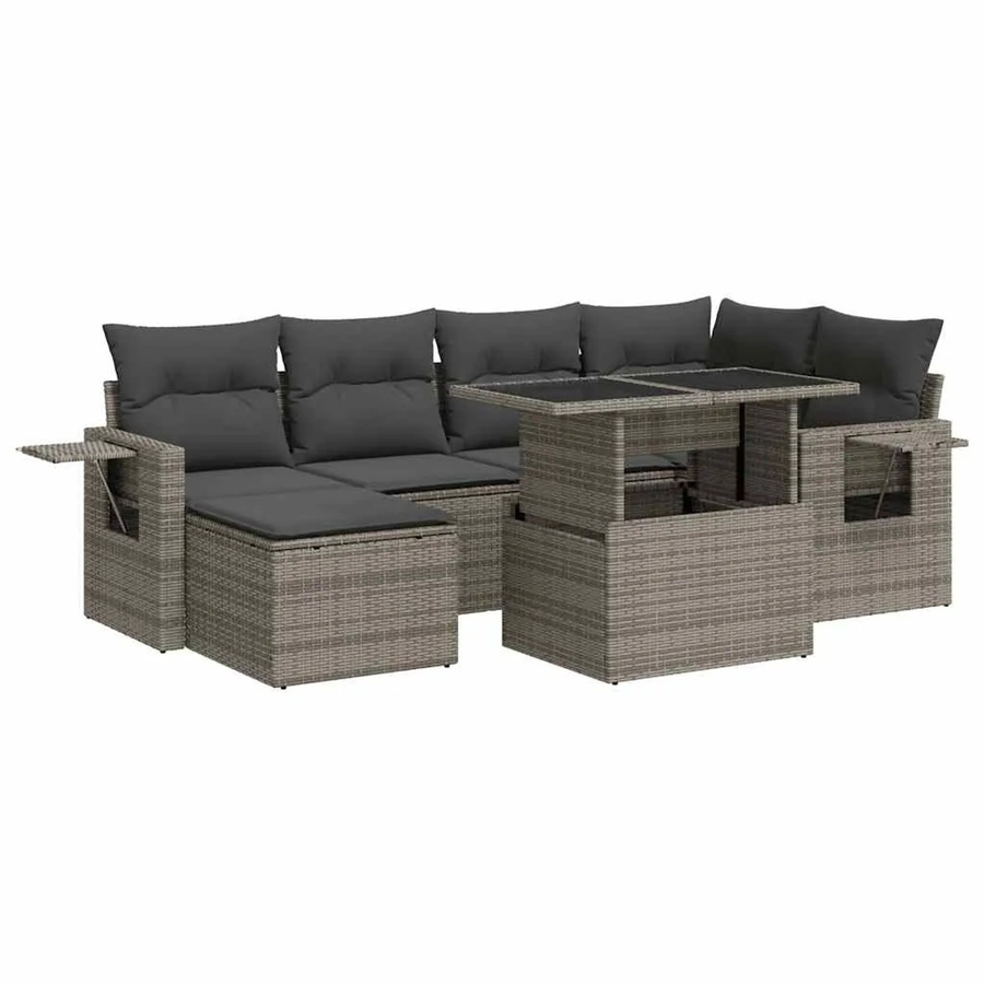vidaXL 7-teilige Garten-Sofagarnitur in L-Form aus grauem Poly-Rattan mit Kissen und pulverbeschichtetem Stahlgestell - Bild 2