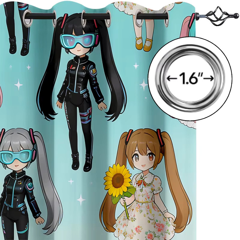 2er-Set Hatsune Miku Chibi Verdunkelungsvorhänge mit Multi-Outfit Motiv in Mehrfarbig für Kinderzimmer und Teenager - Bild 3