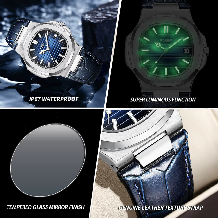 BINBOND Armbanduhr Quarz, Tonneau, Edelstahl, Blau, Lederarmband, Herren - Bild 6