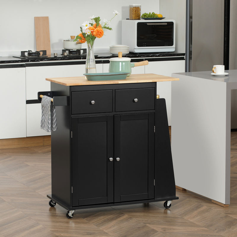 Kücheninsel HOMCOM aus MDF und Kautschukholz mit Arbeitsplatte, Regal, Flaschenregal, Geschirrtuchhalter, 2 Schubladen und Doppeltürschrank in Schwarz - Bild 2