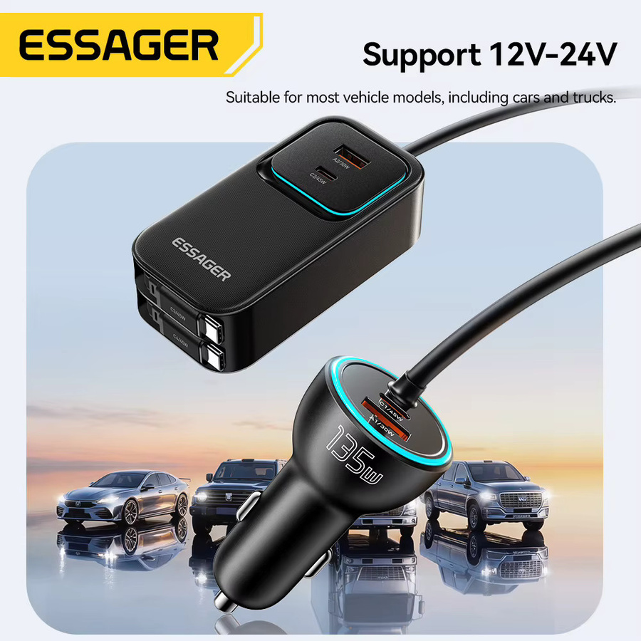 Essager 135W Dual Retractable Kabel-Ladegerät mit Rückseitiger Steckdose und USB-C PD QC Schnellladung in Schwarz - Bild 5