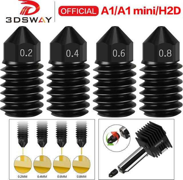 Bambu Lab Gehärtete Stahl Düsen für A1, H2D und A1 Mini 3D Drucker Hotend Teile in den Größen 0,2 mm, 0,4 mm, 0,6 mm und 0,8 mm, Schwarz - Bild 1