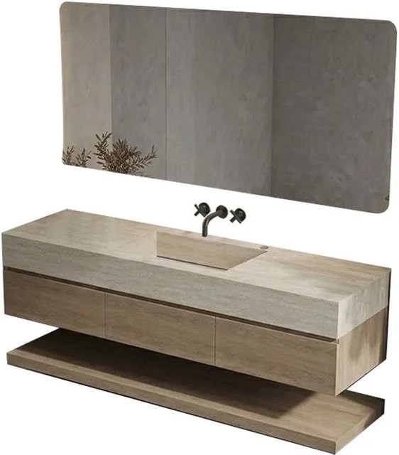 360Home Badmöbel Set in Beige mit Sinterstein Waschbecken im Travertine Look, Spiegelschrank mit LED-Beleuchtung und Anti-Beschlag-Funktion sowie Unterschrank und Seitenschrank, B/T/H: 150 x 55 x 140 cm - Bild 1
