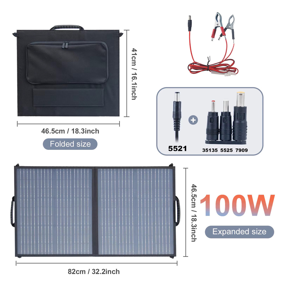 Leaorld 100W Solarpanel-Ladegerät in Schwarz mit Ständern und Klemmen für 12V Batterien und Powerstationen - Bild 3
