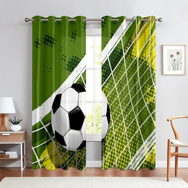 Yiran Furniture Fußball Vorhänge mit Aquarell-Print in Grün, 2er-Set, semi-transparent, Breite: 70 cm, Höhe: 245 cm - Bild 1