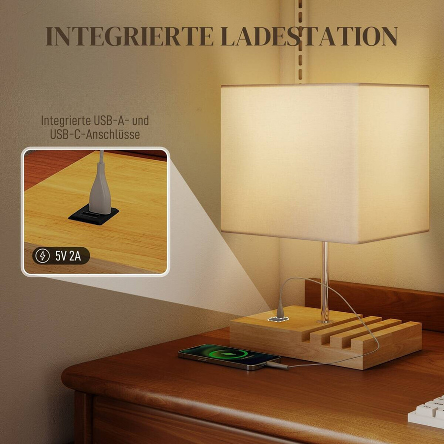HOMCOM Tischlampe in Weiß und Holz mit E27-Fassung, B/H/T: 20 x 40,5 x 25 cm - Bild 3