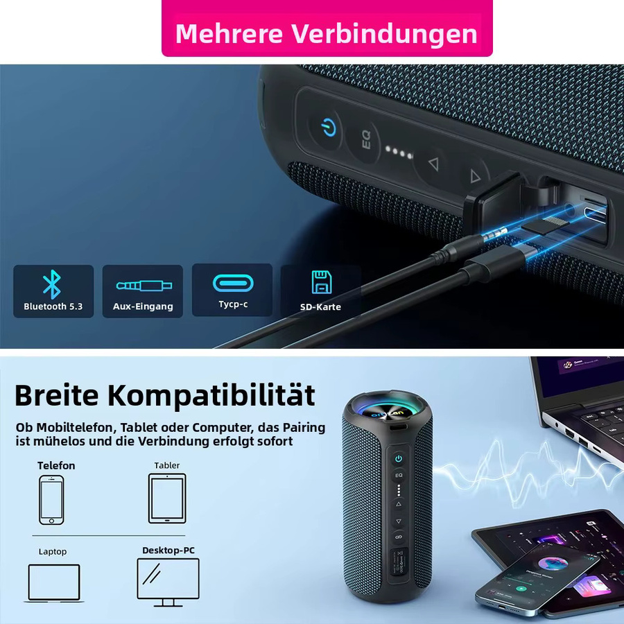 Ortizan Tragbarer Bluetooth-Lautsprecher mit 40W Leistung, IPX7 Wasserdicht, Farbige Lichter, Schwarz/Blau - Bild 4