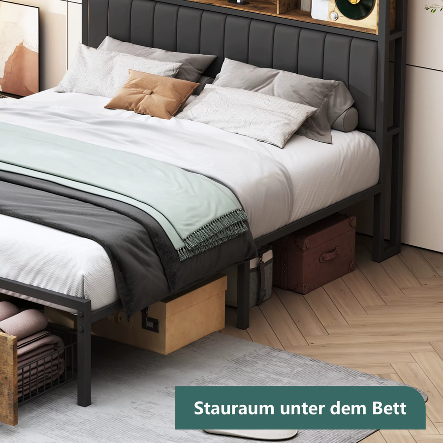 Anajqaqia Doppelbett im Industriestil aus Metall und Holz mit LED-Beleuchtung, 2 Schubladen und Stauraum im Kopfteil, Schwarz, B/T/H: 140 x 200 cm - Bild 8