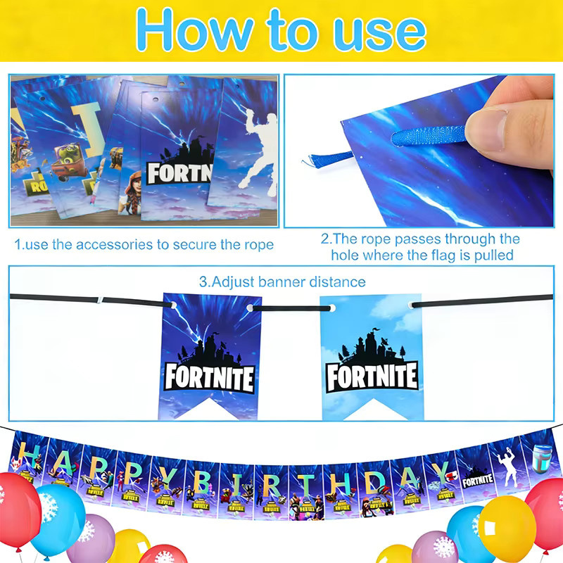 Fortnite Anime Spiel-Banner als bunte Partydekoration für Geburtstage, Set aus rechteckigen Papier-Wimpeln in Mehrfarbig - Bild 5
