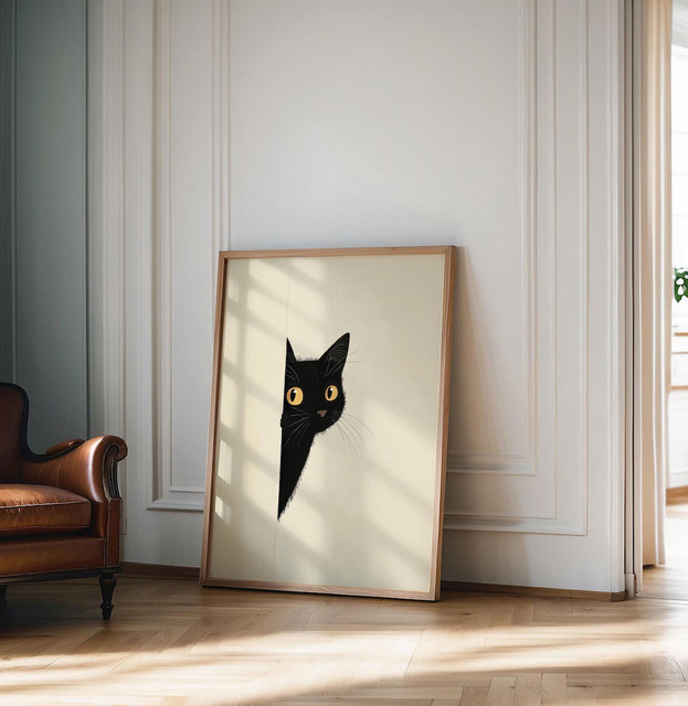 Minimalistisches Poster von SHENCHEN mit abstrakter Zeichnung einer schwarzen Katze in Erdtönen - Bild 1