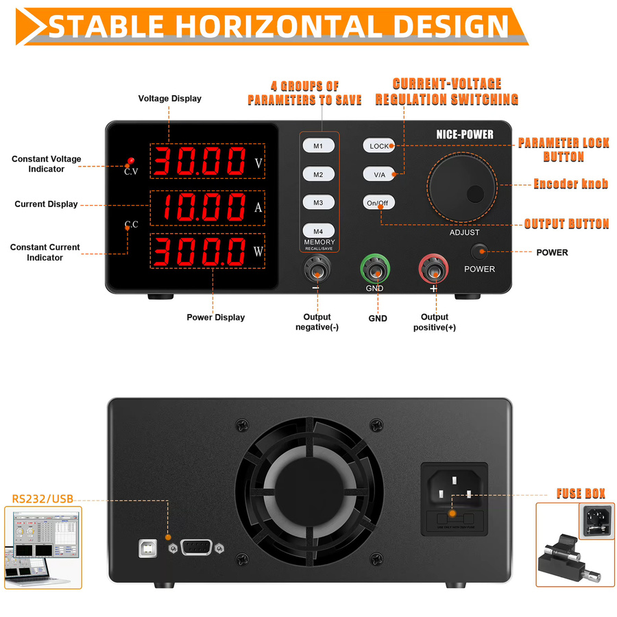 KUAIQU Programmierbares DC Netzteil 300V Schwarz mit M1-M4 Speicherfunktionen und schnellem Ausgang für die Laborreparatur - Bild 3