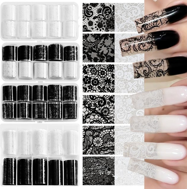 MingLee Nagelfolien Spitze Blumen, 10 Rollen, Schwarz Weiß, Unisex - Bild 1