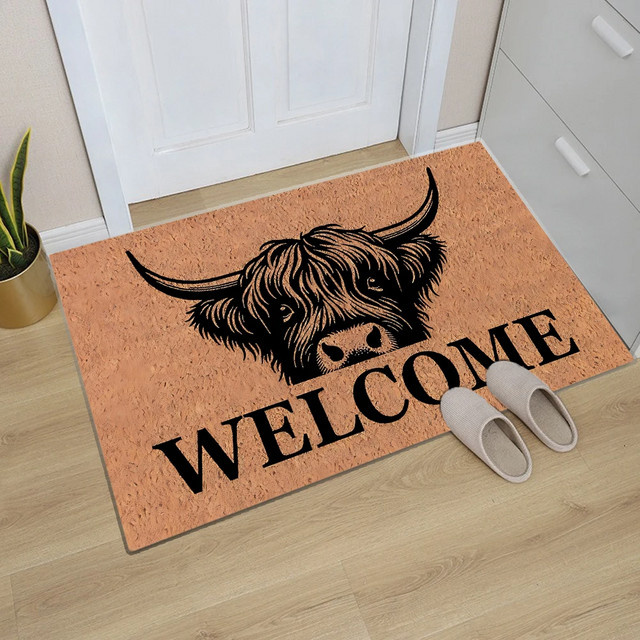 VIKAMA Willkommens-Fußmatte mit Highland-Kuh-Motiv in Braun, rutschfeste Kokosmatte im rustikalen Stil für drinnen und draußen, B/T: 60 x 40 cm - Bild 1