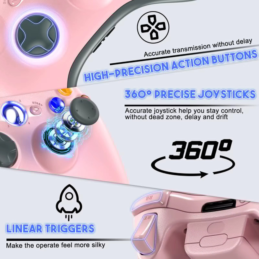 GAMROMBO Kabelloser Game-Controller mit Dual-Vibration für Xbox 360, Slim, Lite, PC, iOS und Android, Bluetooth Gamepad in Schwarz oder Pink - Bild 2