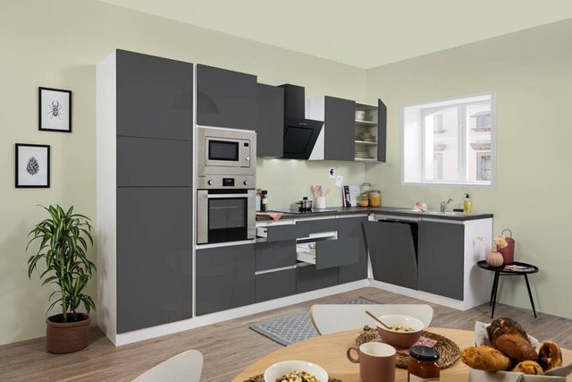 Respekta Küchenblock Premium in Grau Hochglanz mit Granit-Optik, Eckküche mit Soft-Close-Türen und Schubladen, B/H/T: 345 x 220,5 x 172 cm - Bild 1