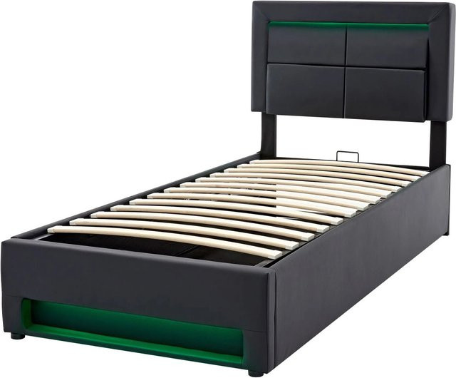 okwish Polsterbett mit USB-Anschluss, LED-Beleuchtung und Stauraum, Schwarz, B/T/H: 90 x 200 x 109 cm - Bild 1