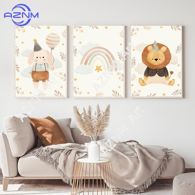 AZNM Modernes Kinderzimmer Wandbild mit Bär, Sonne und Regenbogen als Cartoon-Poster in Mehrfarben - Bild 1