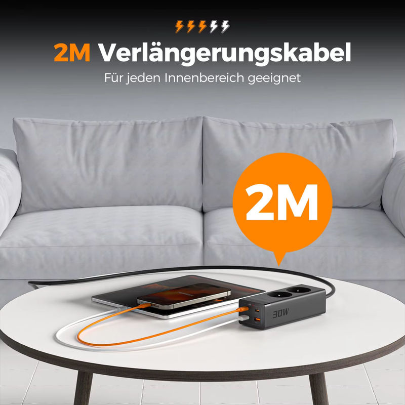 TESSAN Überspannungsschutz-Steckdosenleiste mit GaN 2-Wege-Steckeradapter, 4 USB-Schnellladefunktionen und 2m Kabel, Schwarz - Bild 5