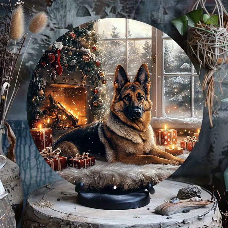 Potdemiel Vintage Wandkunst Aluminium mit Deutschem Schäferhund und Tannenzapfen-Kranz, rundes Metallschild, Durchmesser: 20,32 cm - Bild 4