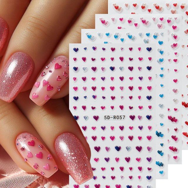 Nagelaufkleber Herzform, 5D, Rot, Rosa, Blau, Glänzend - Bild 1