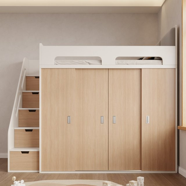 MODX Massivholz-Hochbett für Kinder mit Kleiderschrank und Treppe in Weiß Matt - Bild 1