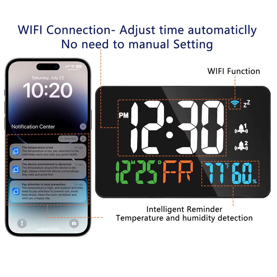 Tuya WiFi Desktop Uhr mit Digital LED Display, Kalender, Thermometer und Hygrometer in Weiß - Bild 6
