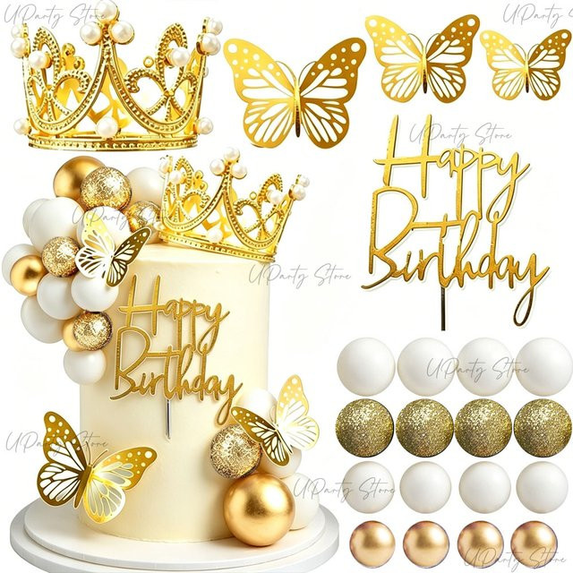 MicroPlush Goldene Kuchenaufsätze mit Kronen, Schmetterlingen und Tiara aus Acryl für deine Geburtstagsparty - Bild 1