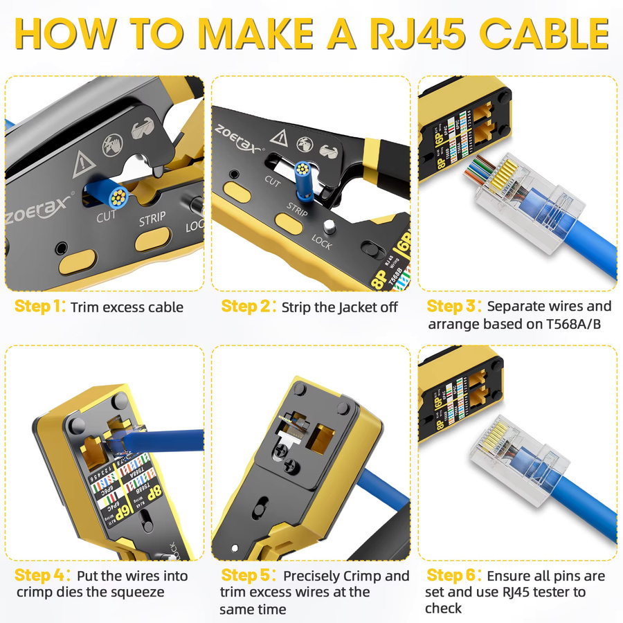 ZoeRax RJ45 Pass Through Ethernet Crimpzange für Cat6 Cat5 Cat5e in Gelb mit Ersatzklinge - Bild 6