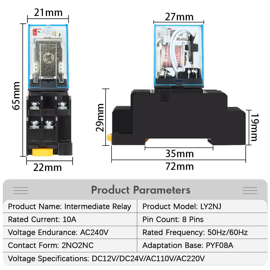 EARU LY2NJ HH62P Elektromagnetisches Relais 10A 8PIN mit Sockel für DIN-Schiene - Bild 2