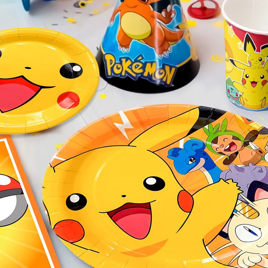 Potdemiel 114-teiliges Pokemon Partygeschirr-Set mit Tischdecke, Banner, Tellern, Servietten und Bechern in Gelb und Multicolour für deine Pikachu Geburtstagsparty - Bild 3