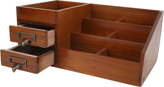 TOPINCN Schreibtisch-Organizer aus Holz in Braun mit Schubladen für Kosmetik und Schmuck im antiken Retro-Design - Bild 1