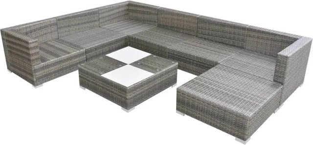 vidaXL 8-tlg Garten-Lounge-Set in U-Form aus Poly Rattan in Grau mit Auflagen und Hartglas-Tisch - Bild 1