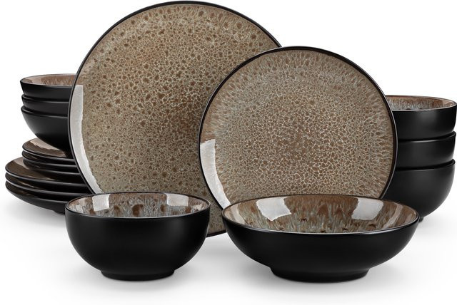 Vancasso 16-teiliges Bubble Geschirrset aus Steinzeug in Braun mit reflektierender Glasur bestehend aus Speisetellern, Desserttellern, Schüsseln und Suppentellern - Bild 1