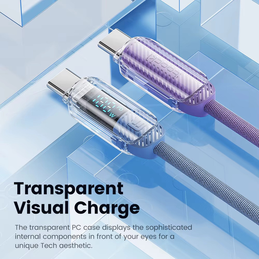 Toocki USB C auf Typ C Kabel 100 W Schnellladegerät mit LED-Anzeige in Transparent Blau - Bild 3