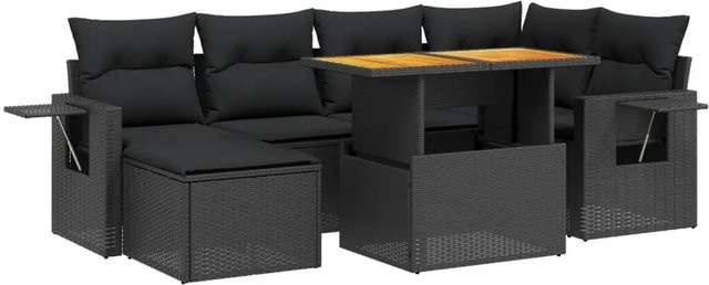 vidaXL 7-teilige Garten-Sofagarnitur aus Poly-Rattan und Akazienholz in Schwarz mit Kissen - Bild 1