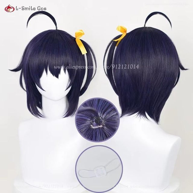 Anime Takanashi Rikka Cosplay Perücke, 30 cm, Blau Lila, mit Augenmaske - Bild 1