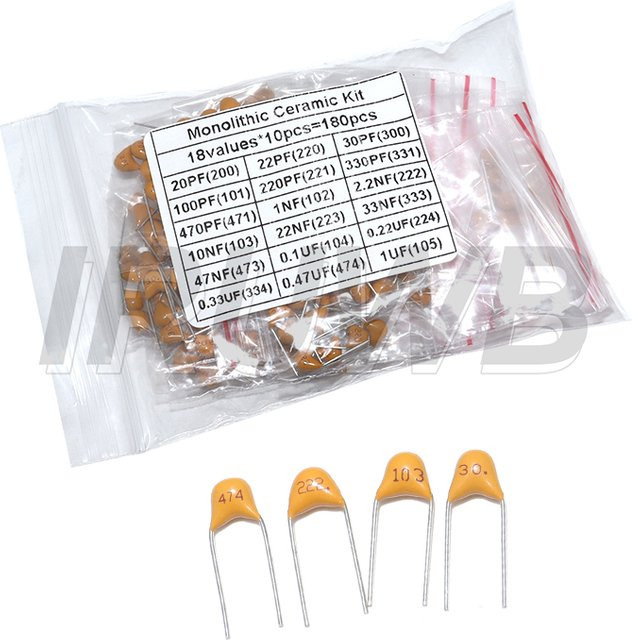 IRUWB Keramik-Kondensator Set mit 180 Stück und 18 Werten, 20PF-1UF 50V, Farbe Gelb - Bild 1