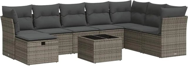vidaXL 9-tlg. Garten-Sofagarnitur in L-Form aus Polyrattan mit Kissen und Couchtisch, Grau - Bild 1