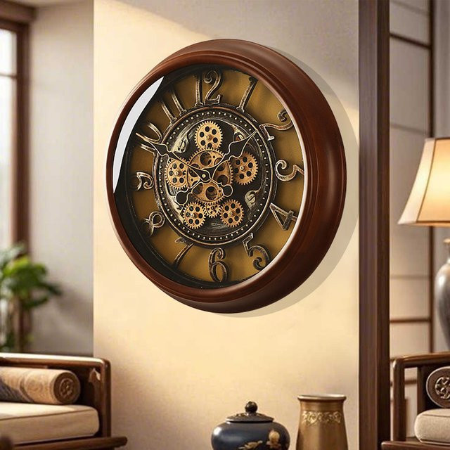 Oeny Moderne Wanduhr aus Massivholz in Braun mit Kreativem Zahnrad-Design und Abstraktem Kunst-Stil - Bild 1